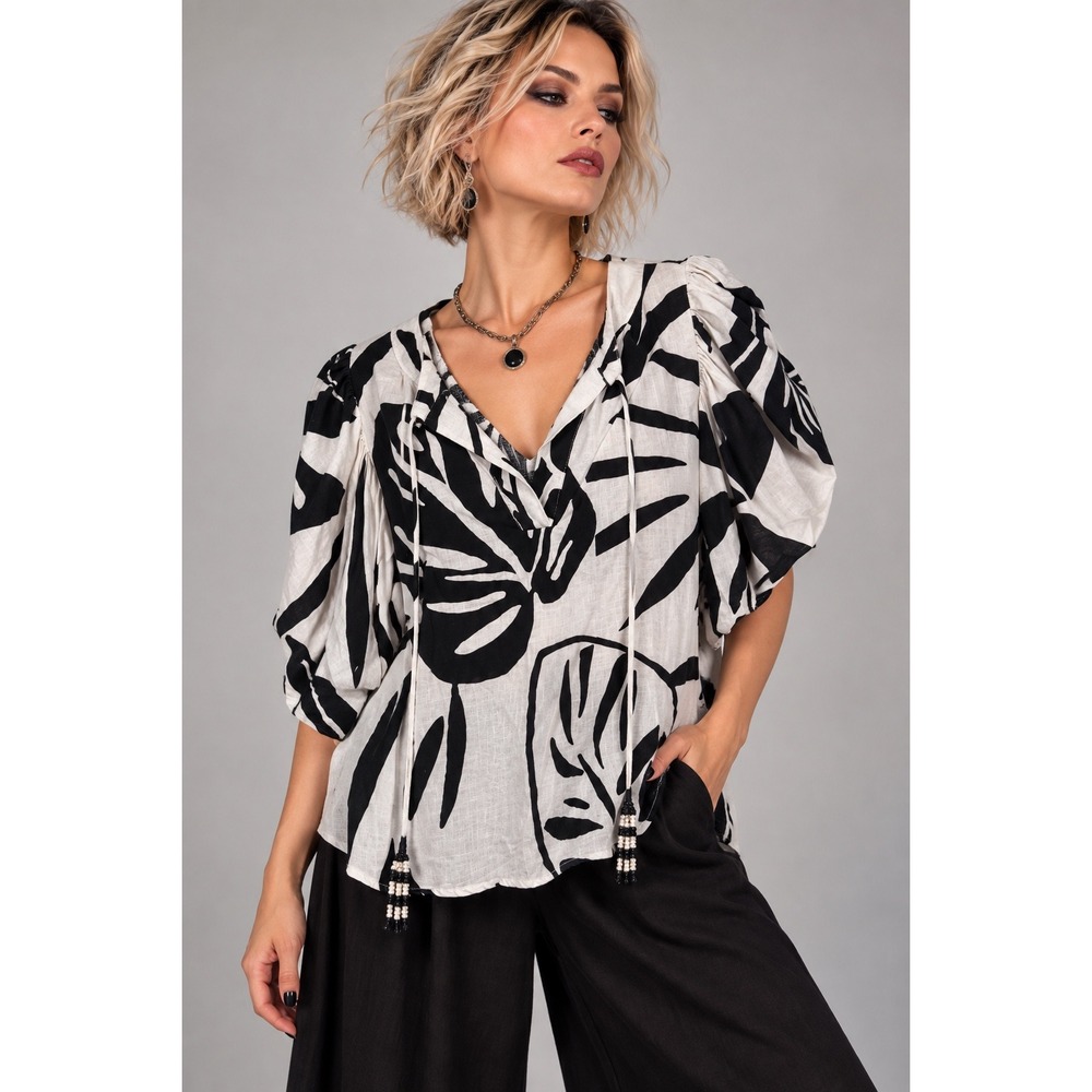 Christian Siriano M Black White Leaf Print Linen Rayon Blouse